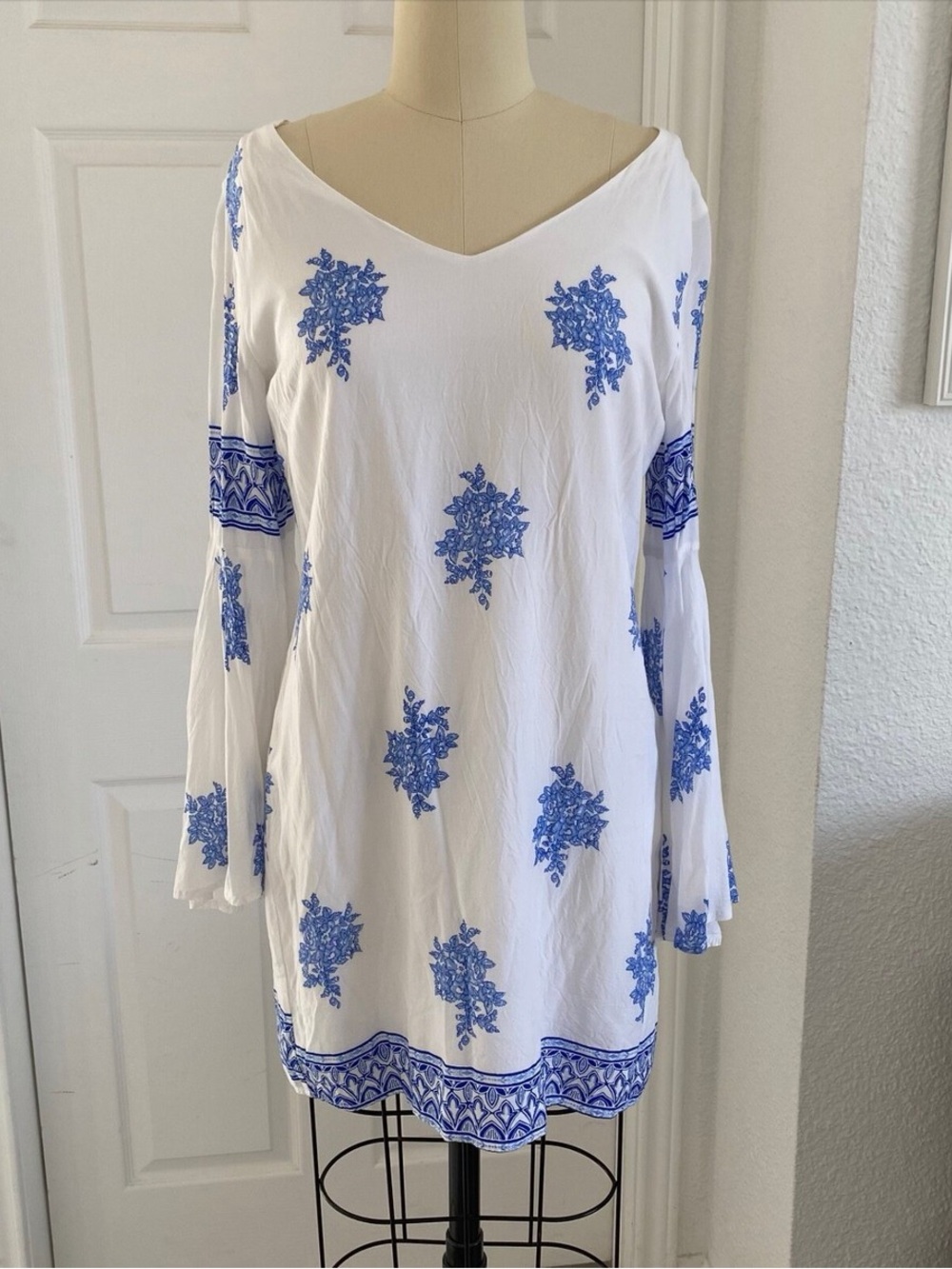 White and Blue Bell Sleeve Dress - Size L